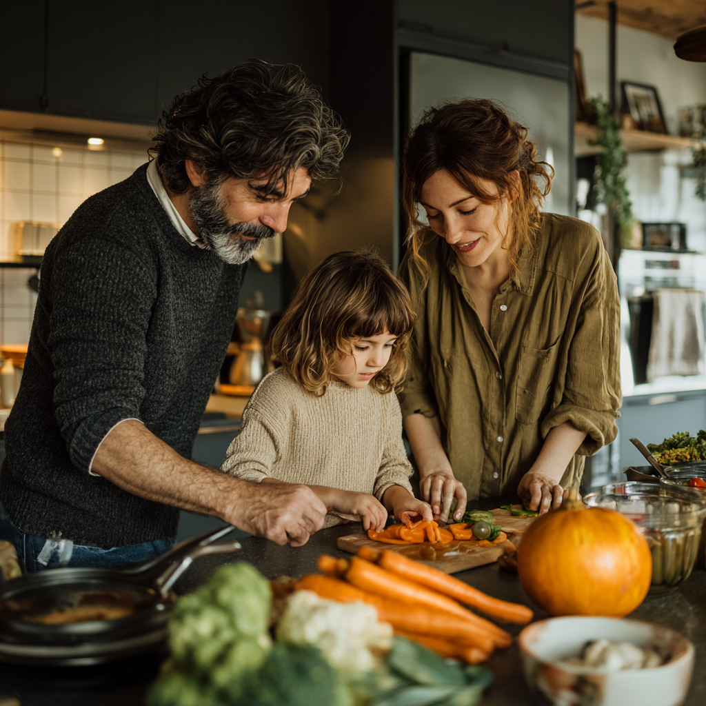 Smiling nutritionist in her 30s holding fresh vegetables and fruits, European appearance, professional kitchen background, natural lighting