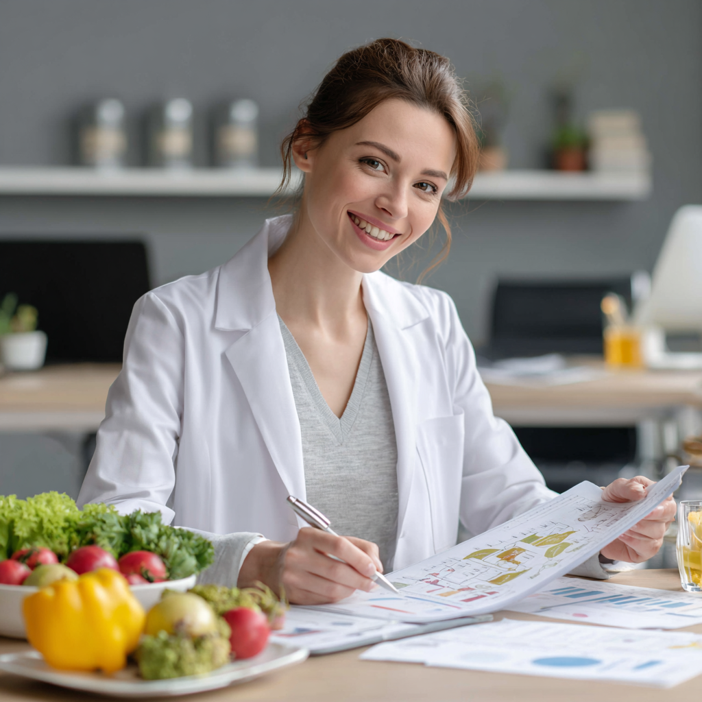 Healthy lifestyle concept - smiling woman in her 30s, European appearance, holding nutritious salad bowl, bright kitchen environment, feeling confident and energetic