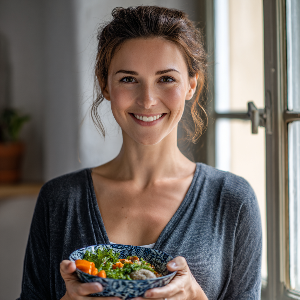 Professional nutritionist analyzing meal plans and charts, smiling woman in her 30s, European appearance, modern office with healthy food samples, focused and professional atmosphere